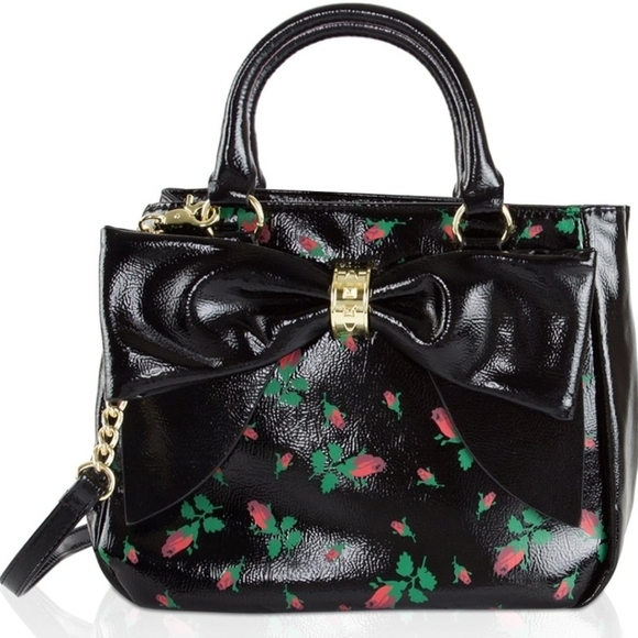 Betsey Johnsen Rosebud floral faux patent leather bag bow trim Satchel& a pouch - Picture 2 of 7